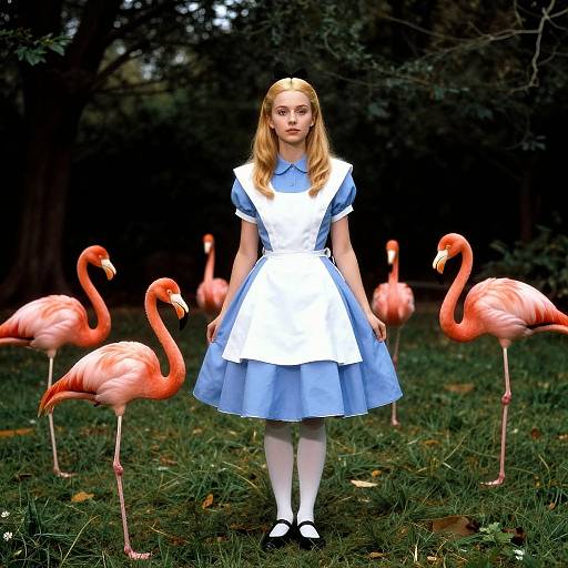 Photograph of a blonde girl in a blue and white Alice in Wonderland-style dress, standing in a dark forest with pink flamingos.