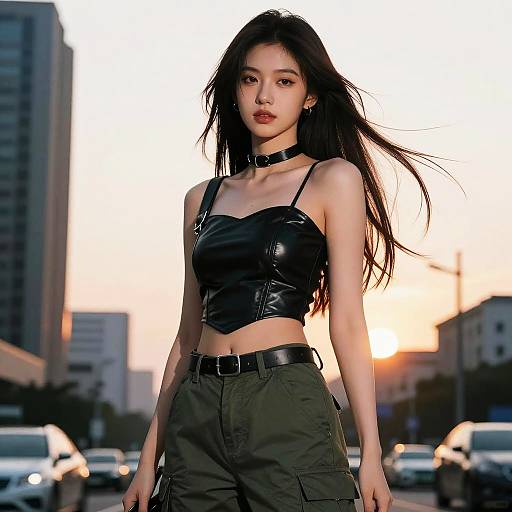 Photograph of an Asian woman with long black hair, wearing a black leather crop top and olive cargo pants, standing in a city street at sunset.