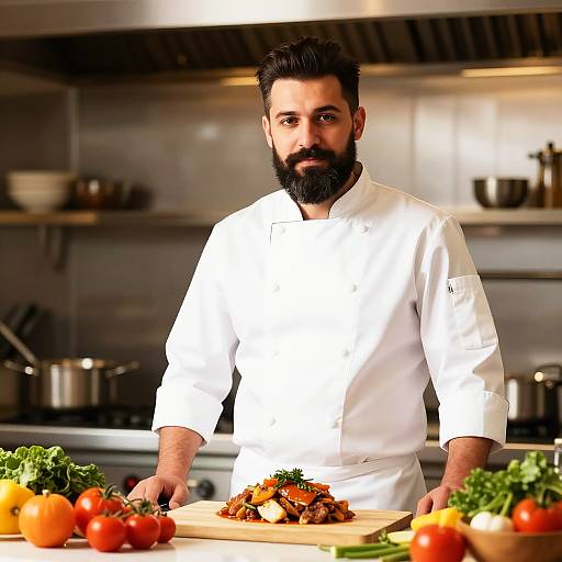 Photograph of a bearded male chef in a white uniform, standing in a modern kitchen, chopping meat on a wooden board with colorful vegetables in the