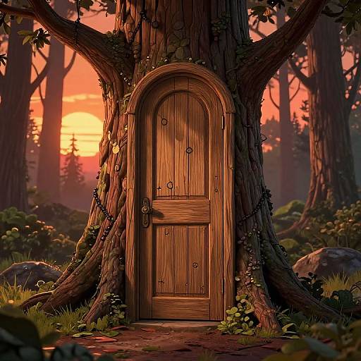 Digital illustration of a wooden, arched door set into a towering tree, surrounded by a sunset-filled forest with vines and foliage.