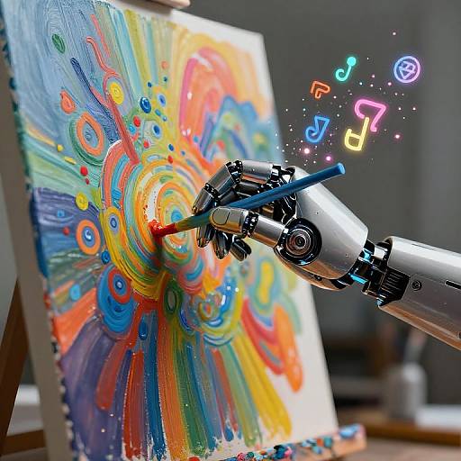 Photograph of a robotic arm painting vibrant, swirling abstract art on canvas, with colorful musical notes floating above.