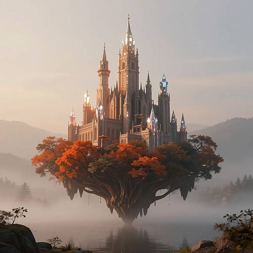 Fantastical digital painting of a towering, gothic-style castle with glowing windows, perched on a tree-like island surrounded by misty water and