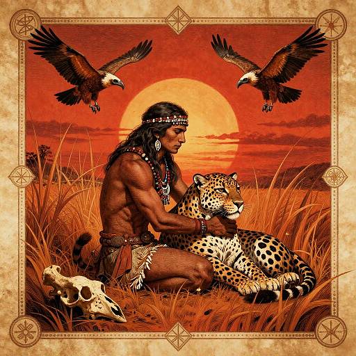 Prehistoric Tribal Hunter with Leopard