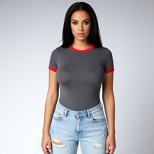 Photograph of a young woman with long black hair, wearing a gray t-shirt with red trim, and light blue, ripped jeans. She has a