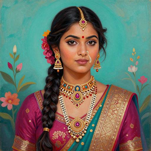 Digital painting of an Indian woman with dark hair in a braid, wearing traditional gold and red jewelry, maroon and green saree, against a