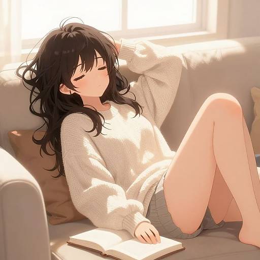 Digital anime-style drawing of a black-haired girl with closed eyes, wearing a white sweater and gray shorts, lounging on a sunlit couch with an