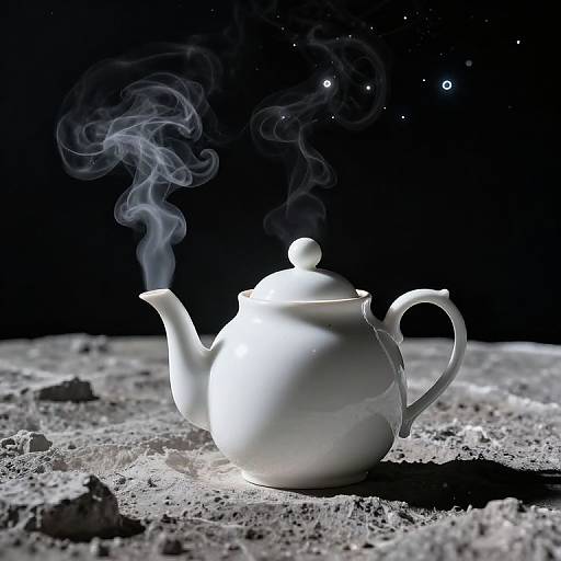 Photograph of a white, steam-emitting teapot on a rocky, moon-like surface, with a starry, black night sky background.