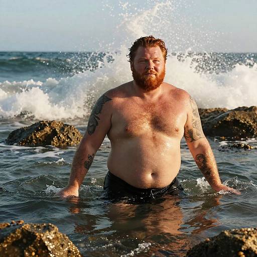 Photograph of a bearded, tattooed, overweight man with light skin and reddish hair standing in ocean waves, wearing black swim trunks,