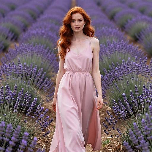 Photograph of a fair-skinned red-haired woman in a flowing pink dress walking through a vivid purple lavender field.