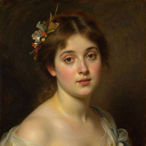 Photorealistic painting of a young woman with fair skin, brown hair, and soft pink cheeks, adorned with a floral hairpiece, wearing a light