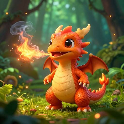 Cute Baby Fire Dragon in Forest