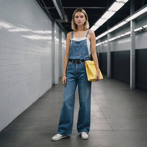 Woman in Low-Rise Baggy Jeans on Subway Platform