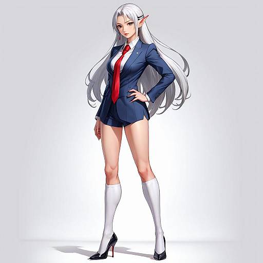 Digital anime-style drawing of a tall, white-haired elf woman in a navy school uniform with red tie, white knee-high socks, and black heels.