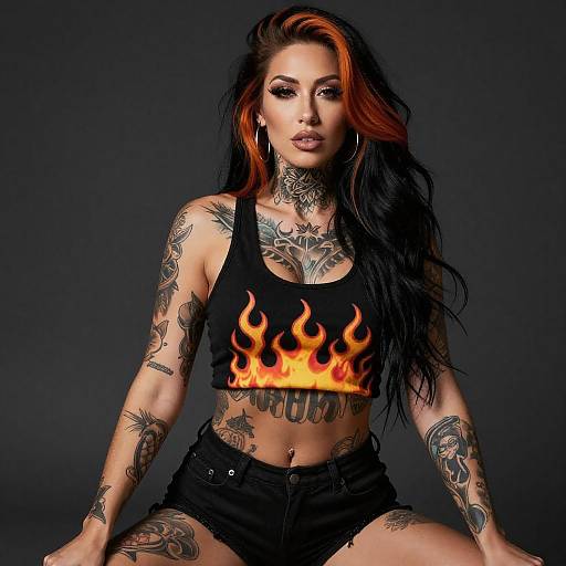 Confident Tattooed Woman in Flame Outfit