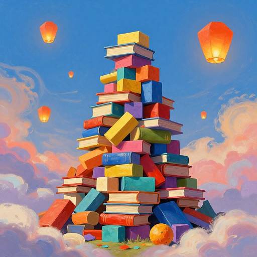 Digital illustration of a colorful, pyramid-shaped stack of books against a bright blue sky with floating orange lanterns and fluffy clouds.