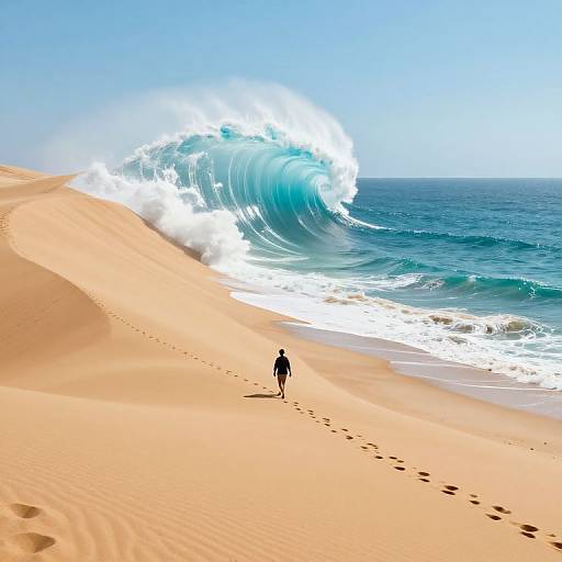 Photograph of a lone surfer walking on a sandy beach, leading to a massive, crashing blue ocean wave under a clear sky.