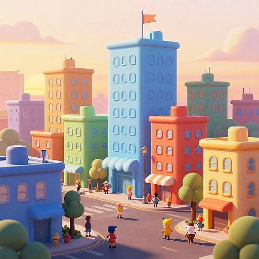Colorful Cartoon Cityscape at Sunset