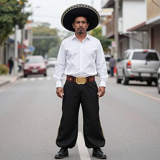 Photograph of a middle-aged man with a dark complexion, black hat, white shirt, black pants, and brown belt, standing confidently on a quiet