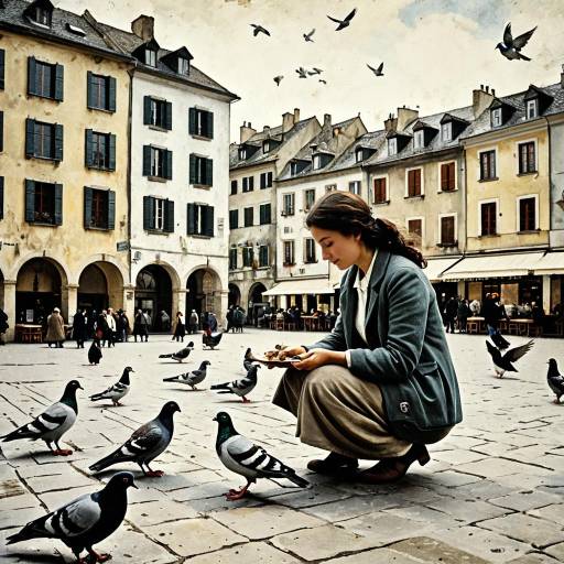 Woman Feeding Pigeons in Historic Town Square