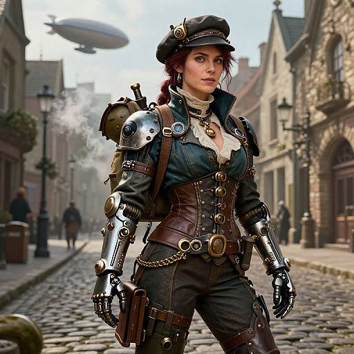 CGI steampunk woman in a cobblestone street, wearing a black hat, leather corset, metallic arm and shoulder, holding a gun
