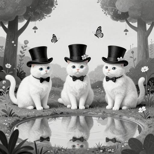 Digital illustration of three white cats wearing black top hats and bow ties, sitting by a reflective pond in a monochrome forest with butterflies and flowers.