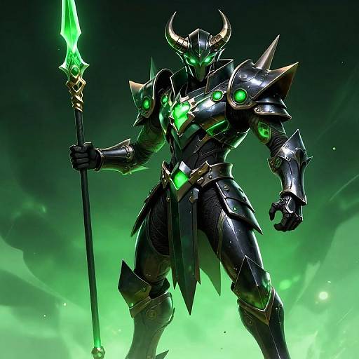 Digital artwork of a glowing green-armored, horned demon warrior with a green sword, standing in a dark, green-hued fog.
