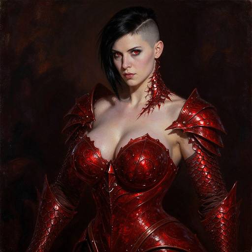 Digital artwork of a pale-skinned, dark-haired woman with a mohawk, wearing a red, armor-like corset with intricate scales, against a