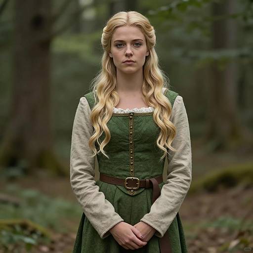 Medieval Woman in Green Dress in Forest