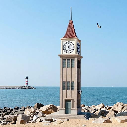 Photograph of a coastal clock tower with red roof, clock face, surrounded by rocky shoreline, lighthouse in background, clear blue sky, and se
