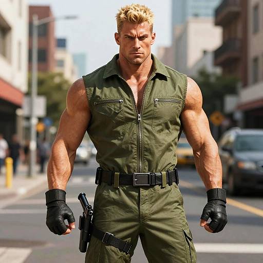 Photograph of a muscular, blonde-haired man in a sleeveless, olive green military-style zip-up uniform, black gloves, and belt, standing confidently