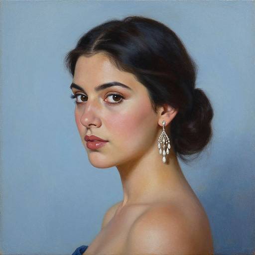 Photorealistic digital painting of a young woman with olive skin, dark brown hair in a bun, wearing dangling gold earrings and a strapless blue top