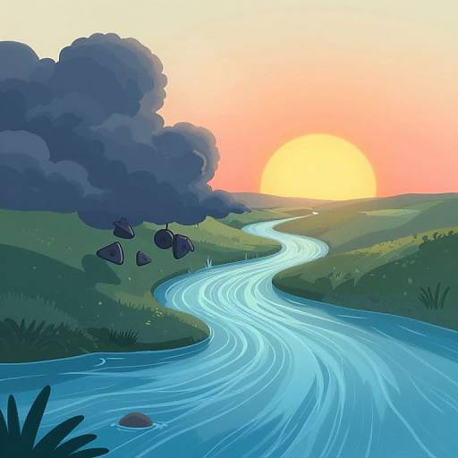 Digital illustration of a winding blue river flowing through green hills, with a bright orange sunset and dark purple clouds.