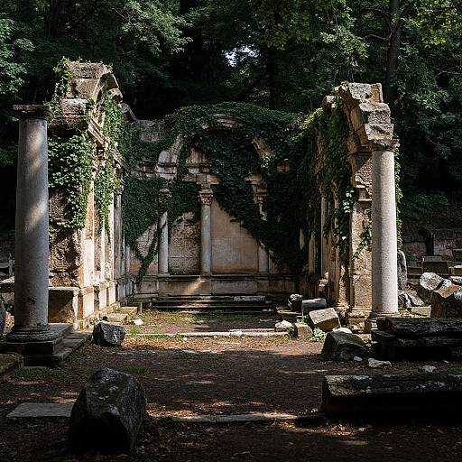 Photograph of ancient, sunlit ruins with ivy-covered stone archways and columns, surrounded by scattered rocks and dense, shadowy trees.