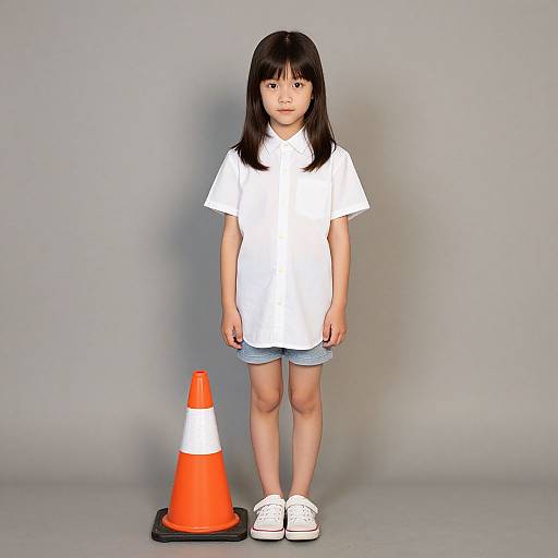 Photograph of an Asian girl with straight black hair, wearing a white shirt, denim shorts, and white sneakers, standing in front of a gray background