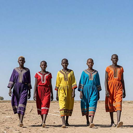 Photograph of five African women in colorful traditional dresses (purple, red, yellow, blue, orange) walking on dry, sandy terrain under a clear