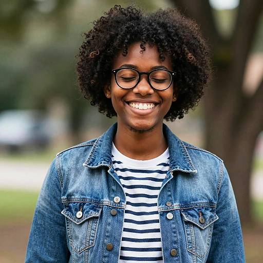 Smiling Young Woman in Denim Jacket Outdoors