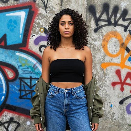 Photograph of a curly-haired woman with tan skin, wearing a black strapless top and high-waisted blue jeans, standing against a graffiti-covered