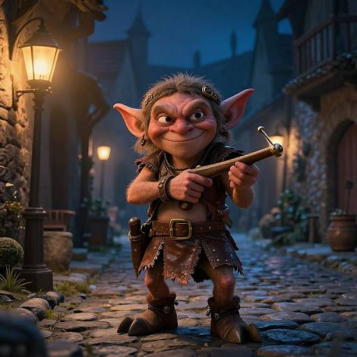 CGI image of a grinning, small goblin with large ears, holding a pipe, standing on a cobblestone street at night, illuminated