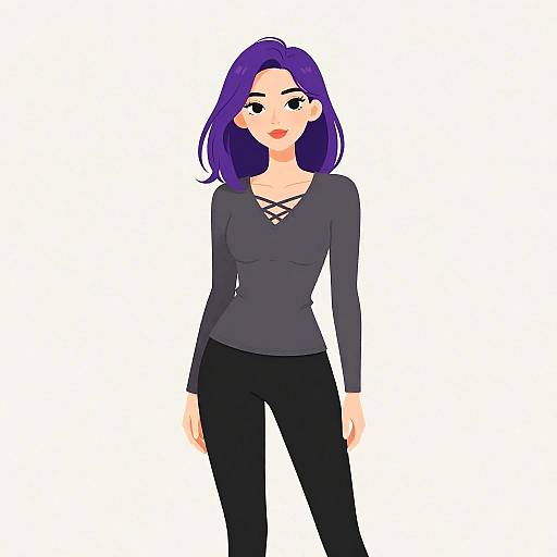 Digital anime-style drawing of a purple-haired woman with fair skin, black top with lace detail, and black pants, standing against a white background. She
