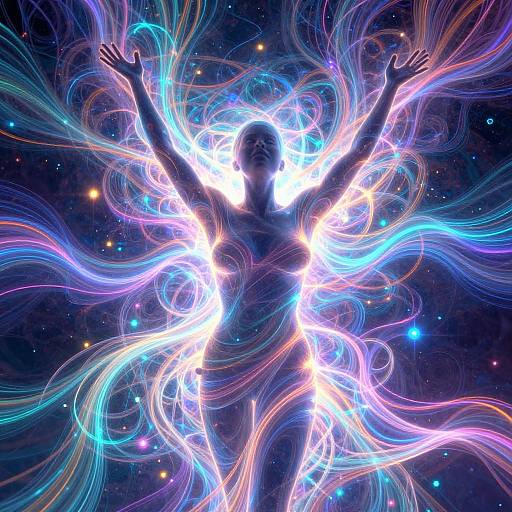 Silhouetted figure with outstretched arms, surrounded by vibrant, swirling neon light trails in a starry, cosmic background. Digital artwork.