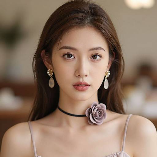 Photograph of an East Asian woman with long brown hair, wearing a purple rose choker, white spaghetti straps, and pearl earrings, standing in a