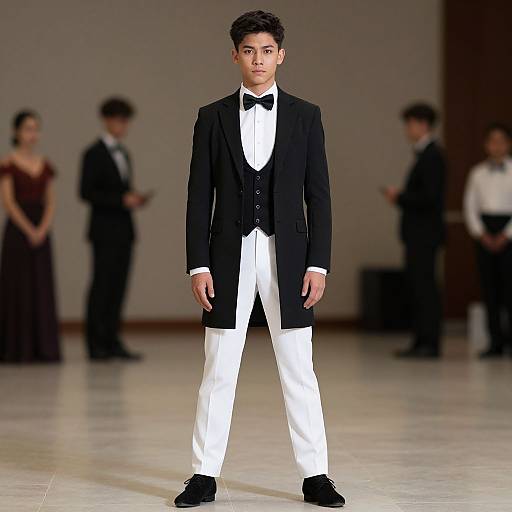 Photograph of an Asian male model in a black tuxedo with white pants and black bow tie, standing on a glossy stage, with blurred attendees