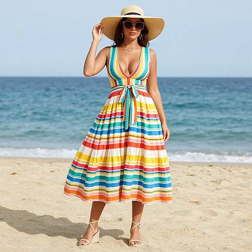 Photograph of a woman in a colorful, striped sundress with a deep V-neck, wide-brimmed straw hat, sunglasses, and sandals,