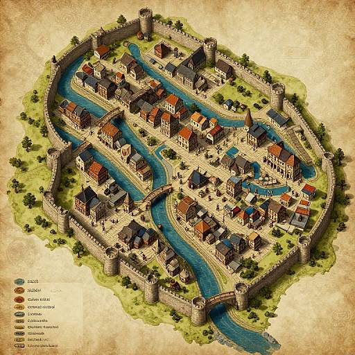 Detailed, colored aerial illustration of a medieval village with winding blue rivers, red-roofed buildings, stone towers, and a fortification wall.