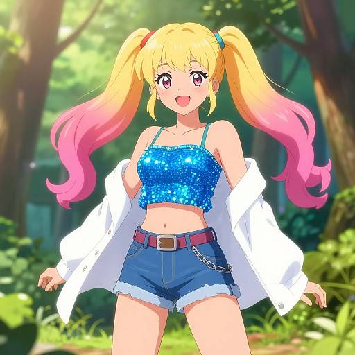 Vibrant Anime Girl in Summer Forest