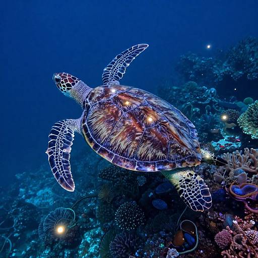 Photograph of a bioluminescent sea turtle with glowing patterns, swimming above vibrant, colorful coral reefs in a deep blue ocean.