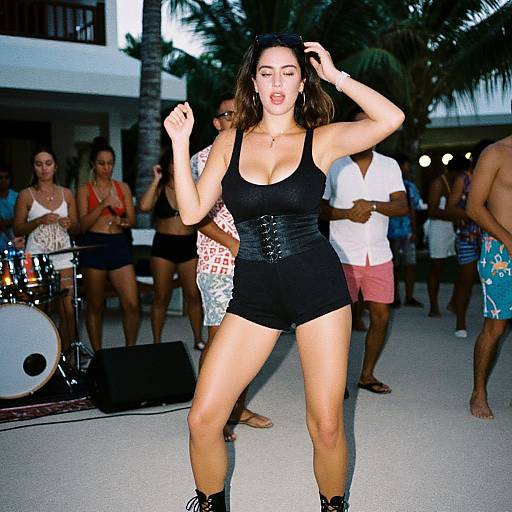 Photograph of a brunette woman with fair skin, black tank top, and shorts, dancing energetically outdoors at a beach party. Background includes drum