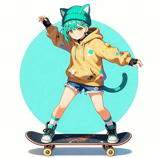 Anime Skater Girl with Teal Hair and Cat Ears
