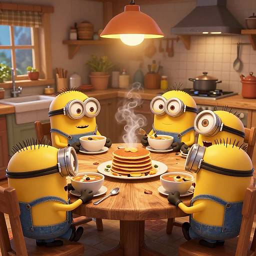 CGI image of four Minions with yellow bodies and blue overalls, sitting around a wooden table with a steaming stack of pancakes, bowls,