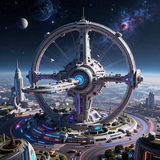 Digital artwork of a futuristic, space-age cityscape featuring a massive circular tower with neon lights, surrounded by bustling roads and skyscrapers, set against